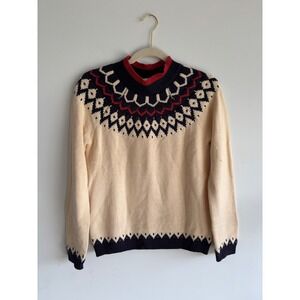 Callahan Knitwear Womens Small Fair Isle Yoke Sweater Cream Navy Red CottonBlend